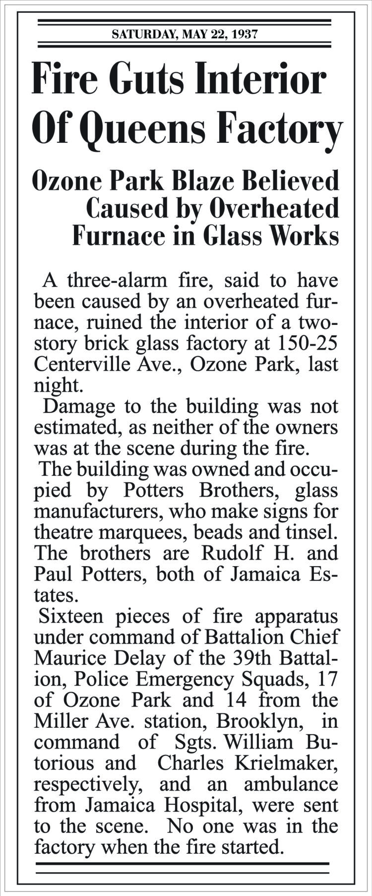 3 alarm fire ruins interior of Potters Bros. brick glass factory at 150